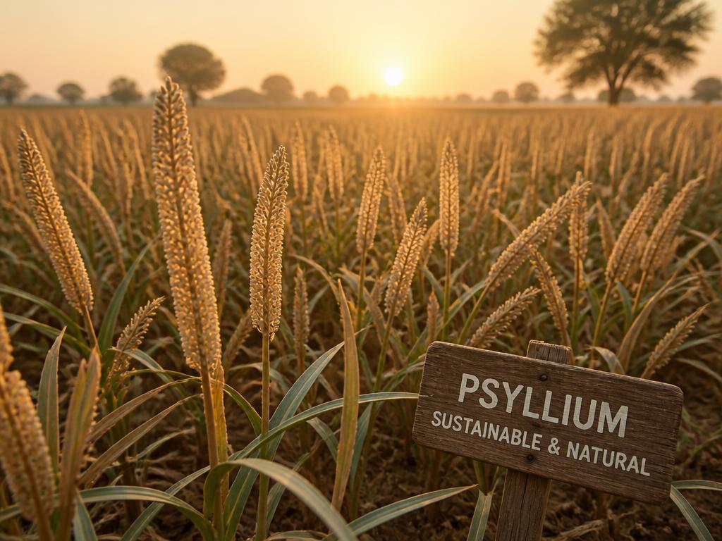 Psyllium crop field at sunrise, sustainable agriculture
