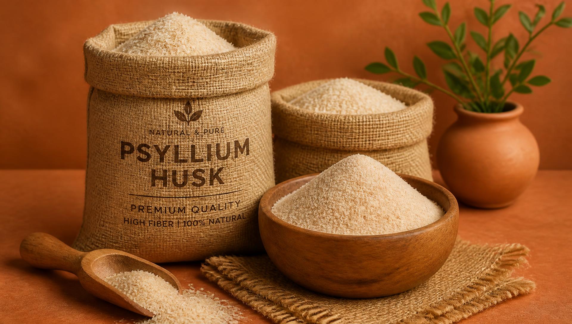 Premium psyllium husk and powder in burlap sacks and wooden bowls